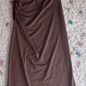 Reformation Brown Ruched Pencil Midi Dress